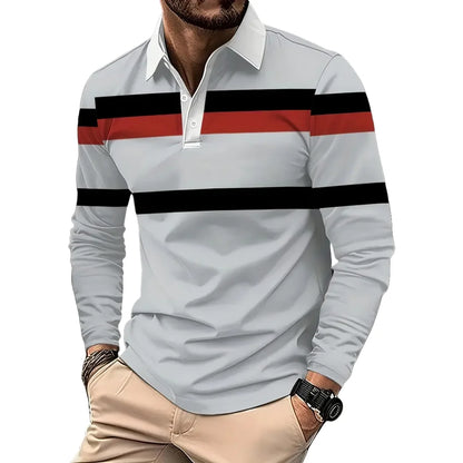 Vintage Stripe Print Mens Polo Shirts Fashion Lapel Golf Wear Men's T-Shirt Tops Street Sports Long Sleeve T Shirt Men Clothes