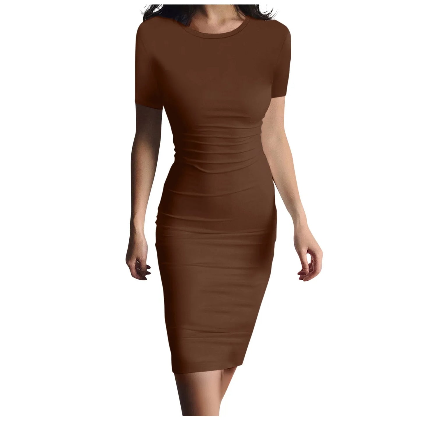 Fashion Women Short Sleeve Slim Fitting Dress Summer Solid Color Round Neck Elegant Dress Tight Robe Street Style Skinny Dress