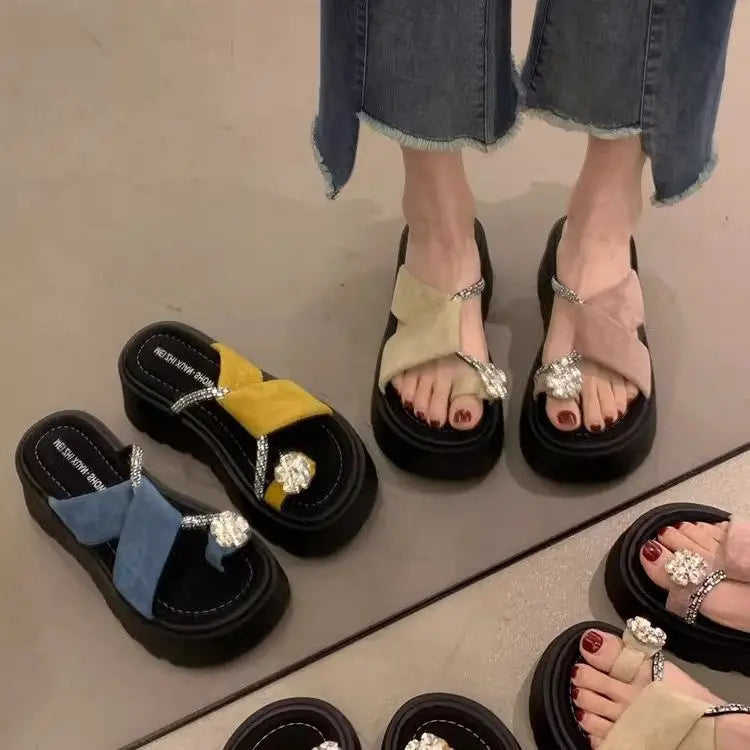 Diamond toe thick soled slippers for women's summer shoes, new height increasing design, paired with skirts and women's sandals