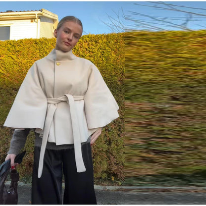 Elegant Fleece Women's Coats Solid Stand Long Sleeve Belted Lace-Up Button Jackets 2025 Autumn Winter Outerwear Female Tops