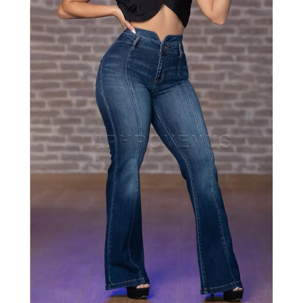 High Waist Flared Jeans Women Retro Vintage Fashion High-Rise Slim Fit Stretchy Trousers Female Casual Denim Pants Plus Size