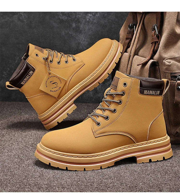 Classic Men High Top Boots High Quality Yellow Leather Boots Fashion Outdoor Sneakers Men Lace Up Non-Slip Ankle Boots for Men