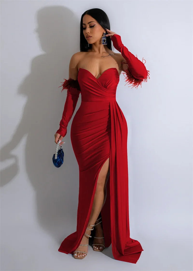 Sexy Off Shoulder Strapless Evening Long Dresses Women Elegant Party Formal Mermaid Wedding Dinner Guest Dress with Oversleeve