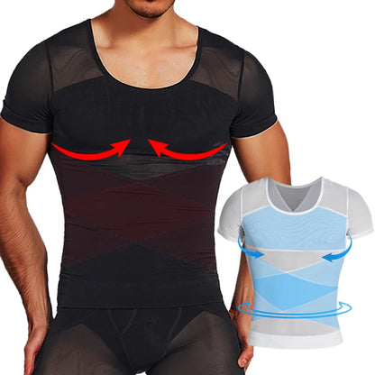 Mens Mesh Body Shaper Short Sleeve Compression Shirts Belly Slimming Undershirt Workout Abs Abdomen Tummy Control Tops Shapewear