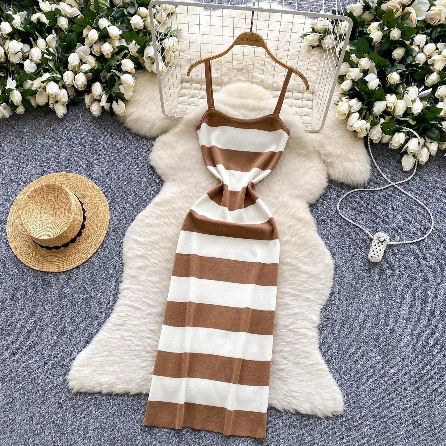 2025 & 2026 Lady New Stripes Ins Fashion Sexy Package Hips Bodycon Dress  Summer Knitted Spaghetti Straps Outfits Maxi Long Women Dress