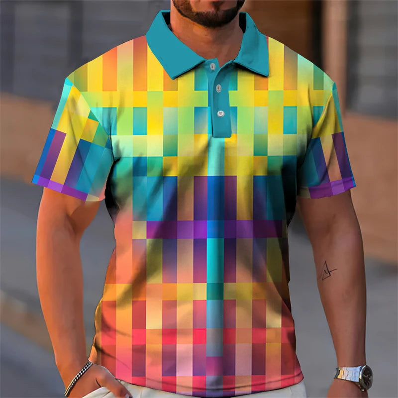 Essential Summer Stripes Polo Shirt Men 3D Print Colors Plaid Button Lapel Golf Shirts Harajuku Streetwear Casual Fashion Tee