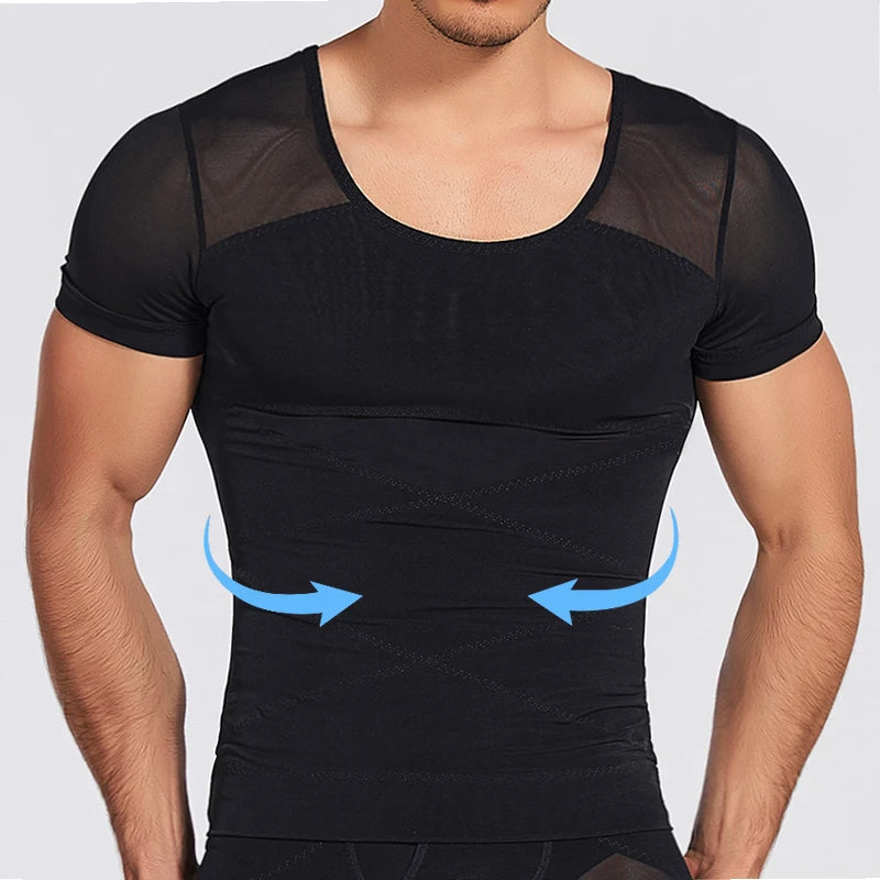 Mens Mesh Body Shaper Short Sleeve Compression Shirts Belly Slimming Undershirt Workout Abs Abdomen Tummy Control Tops Shapewear