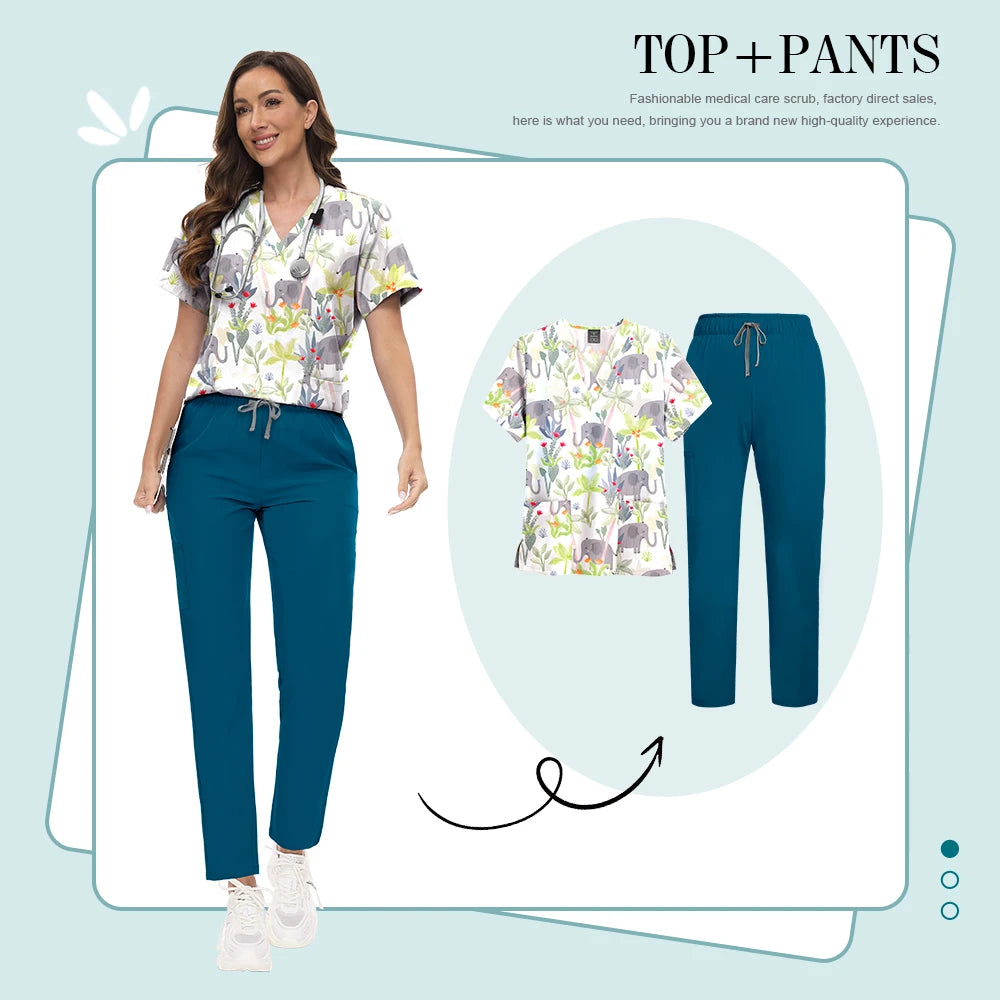 Scrubs Uniforms Sets High-quality Medical Scrub Multicolor Animal Printed Women Scrub Tops Medical Scrubs Uniform Nurse Lab Wear