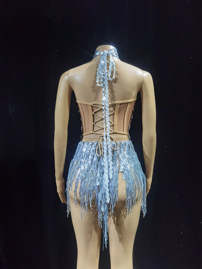 Luxurious Blue Diamond Sparkling Tassel Jazz Dance Performance Clothing Basketball Baby Performance Clothing Cheerleading Short