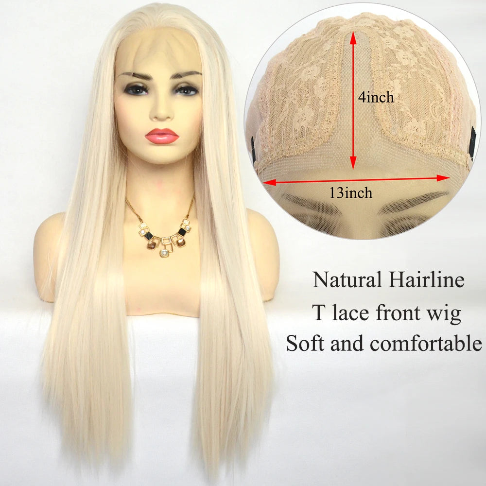 Voguequeen Platinum Blonde Synthetic Lace Front Wigs Silky Straight Heat Resistant Fiber Daily Wear For Women