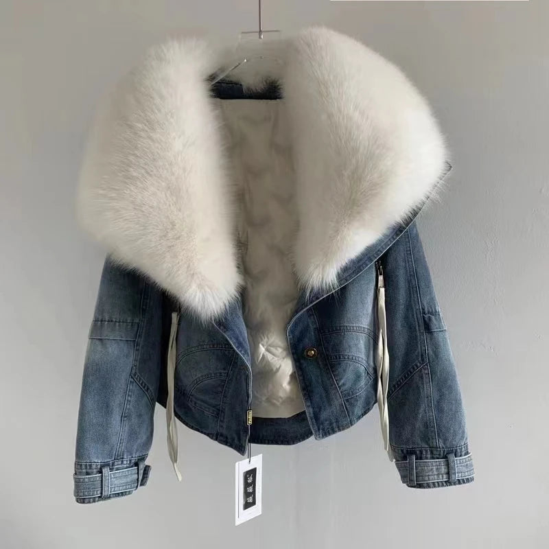 Womens Coats Spring New 100%Natural Real Fox Fur Collar Fashion Short Denim Jacket Luxury Goose Down Puffer Jackets Clothing