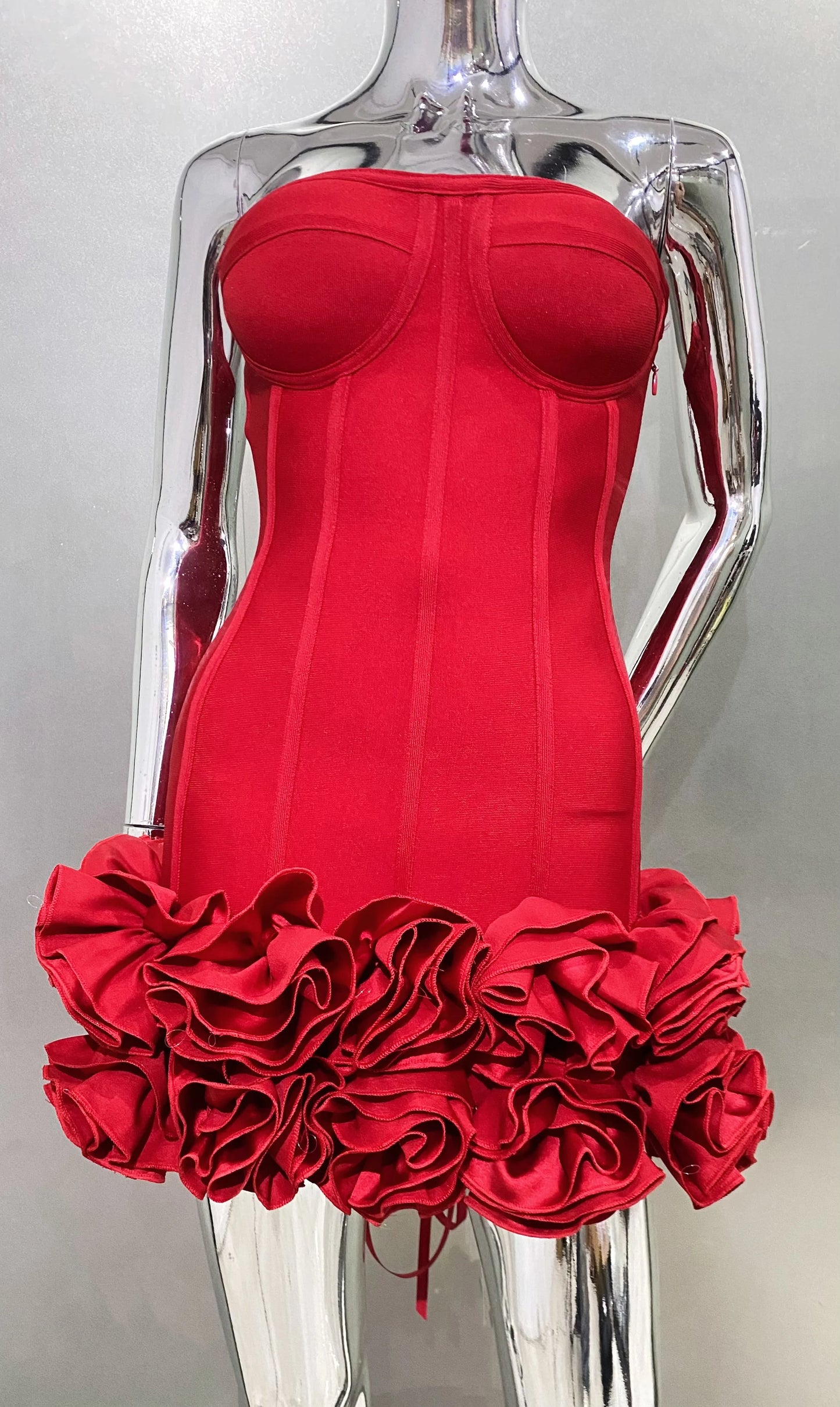 Stereoscopic Flowers Back Laceing Strapless Red Bandage Mini Evening Dress Sweet Woman Birthday Party Dress Performance costume
