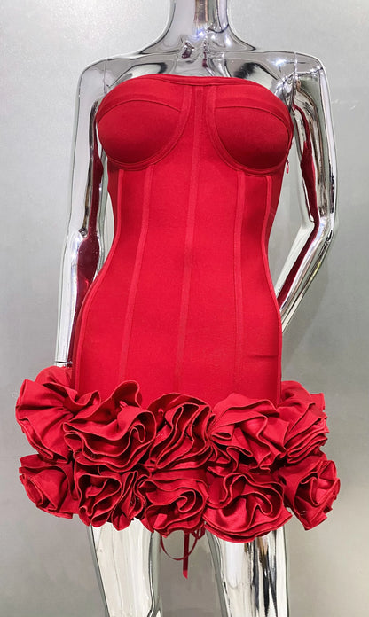 Stereoscopic Flowers Back Laceing Strapless Red Bandage Mini Evening Dress Sweet Woman Birthday Party Dress Performance costume