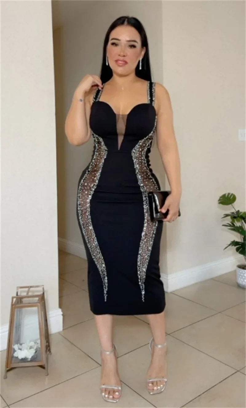 Sexy Spaghetti Strap V-neck Bandage Bodycon Dress Women Elegant Mesh Patchwork Diamonds Cocktail Party Dresses Vestidos Midi