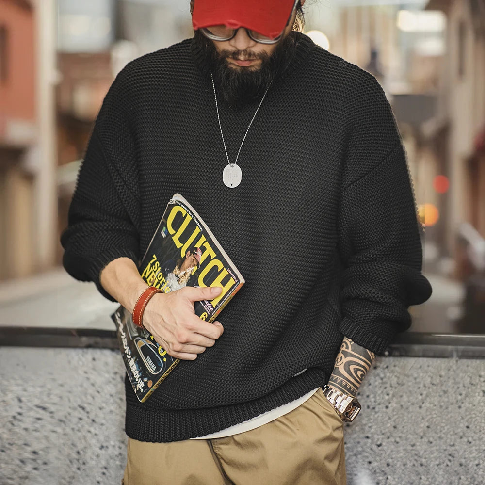 Maden Retro Heavyweight Knitted Sweater Loose Round Neck Pullover Warm Versatile Base Layer Knitwear for Men's Autumn and Winter