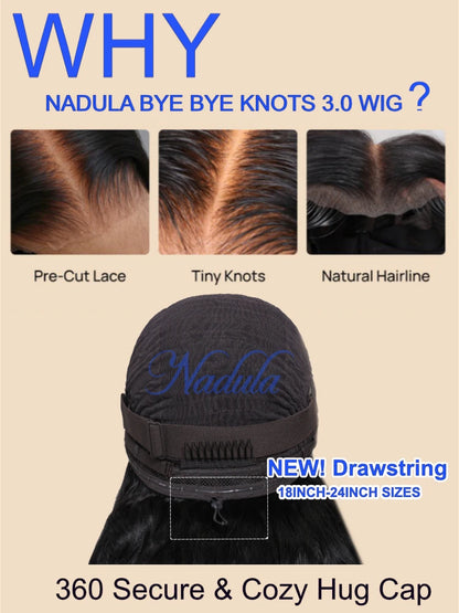 Nadula Hair 3D Body Wave Bangs Drawstring Glueless Human Hair Wig 7x5 Bye Bye Knots Glueless Wig Human Hair Ready to Wear 180%