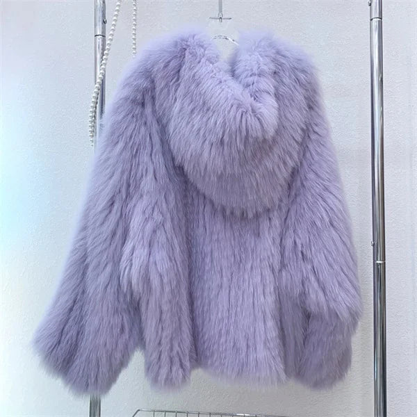 Fox Fur Coat Women's Winter Fashion Warm 100% Fox Fur Coat Hooded Long Sleeved Sweet Women's Luxury Designer Coat