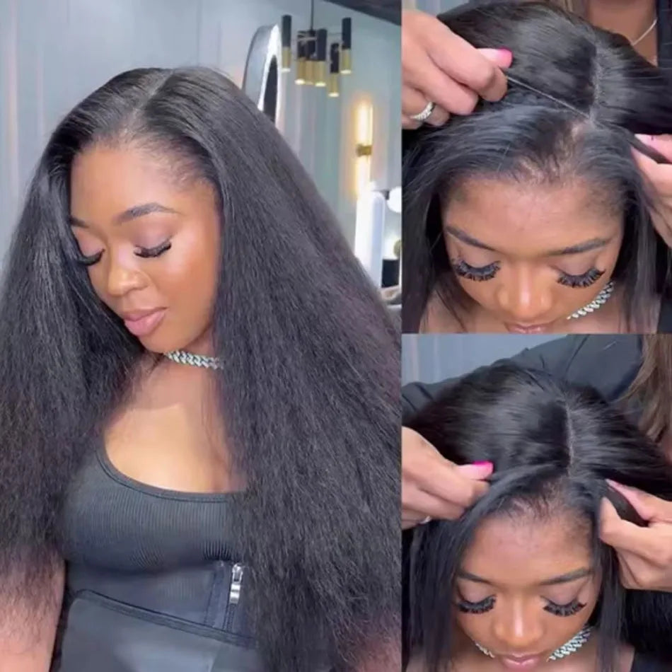 Human Hair 3 IN 1 Kinky Straight Wear and Go Half Wig Kinky Straight Upgrade Pre Plucked With Baby Hair Wig For Women Put Go