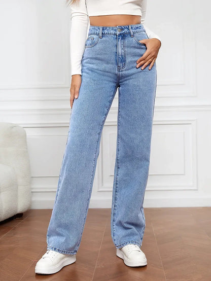 High Waist Straight Leg Jeans for Women New Style Cross-Border High Waist Slim Fit Long Jeans Trendy Women's Denim Pants