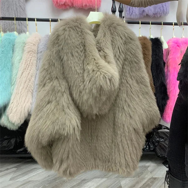 Fox Fur Coat Women's Winter Fashion Warm 100% Fox Fur Coat Hooded Long Sleeved Sweet Women's Luxury Designer Coat