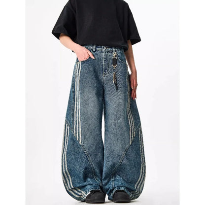 Y2K Custom Women Jeans Vintage Reconstruction Denim Pants Wide Leg With Distressed Wash And Stripe Details