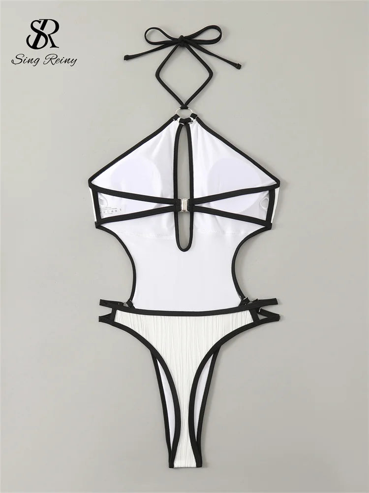 SINGREINY Hollow Out Halter Bikini Swimsuits Irregular Sheath Short Bodysuits Fashion Women Backless Beach Style Sexy Playsuits