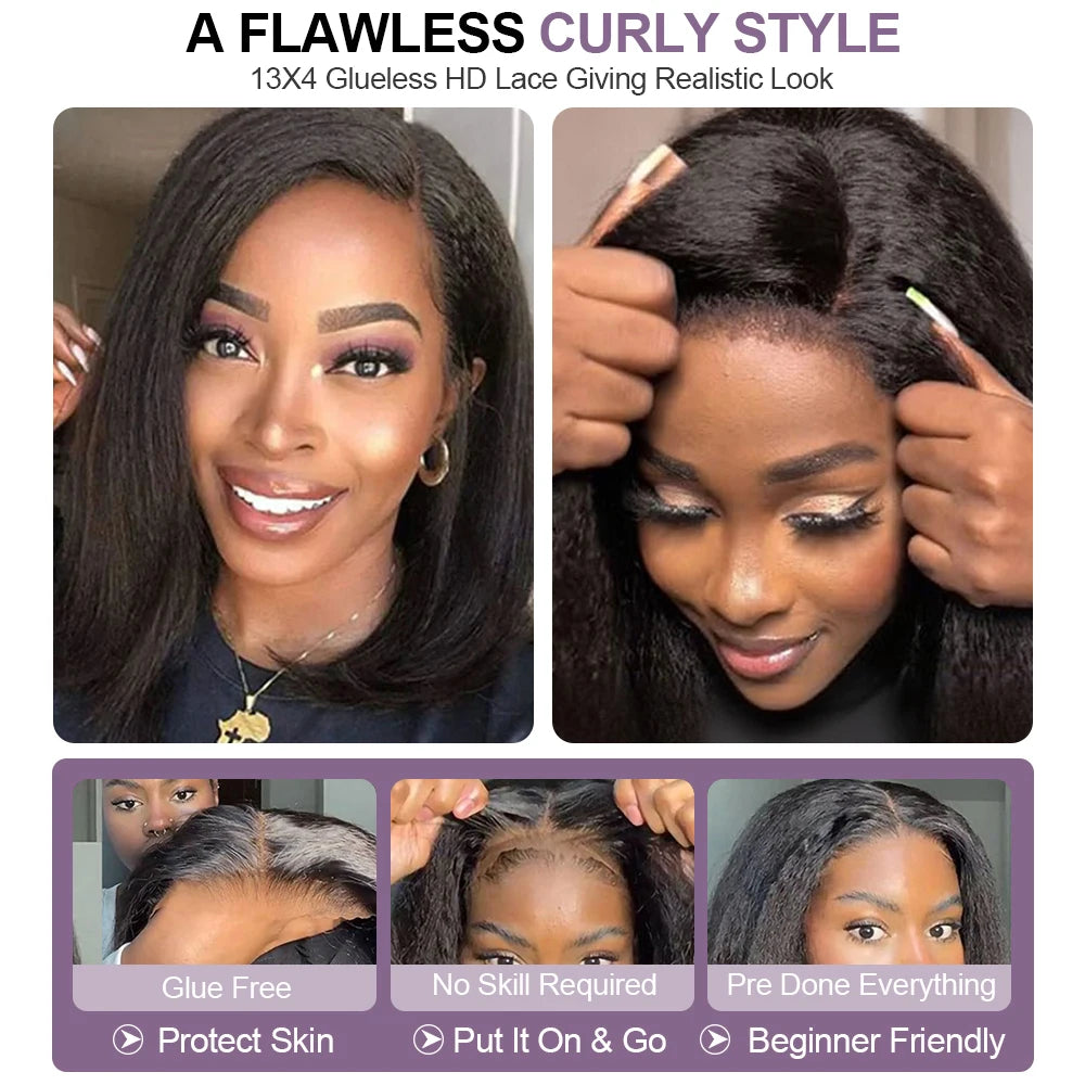 Kinky Straight Bob Wig Glueless 100% Human Raw Hair Tissage Wig HD Transparent Lace Closure Yaki Short Wig Perruques Vietnamese