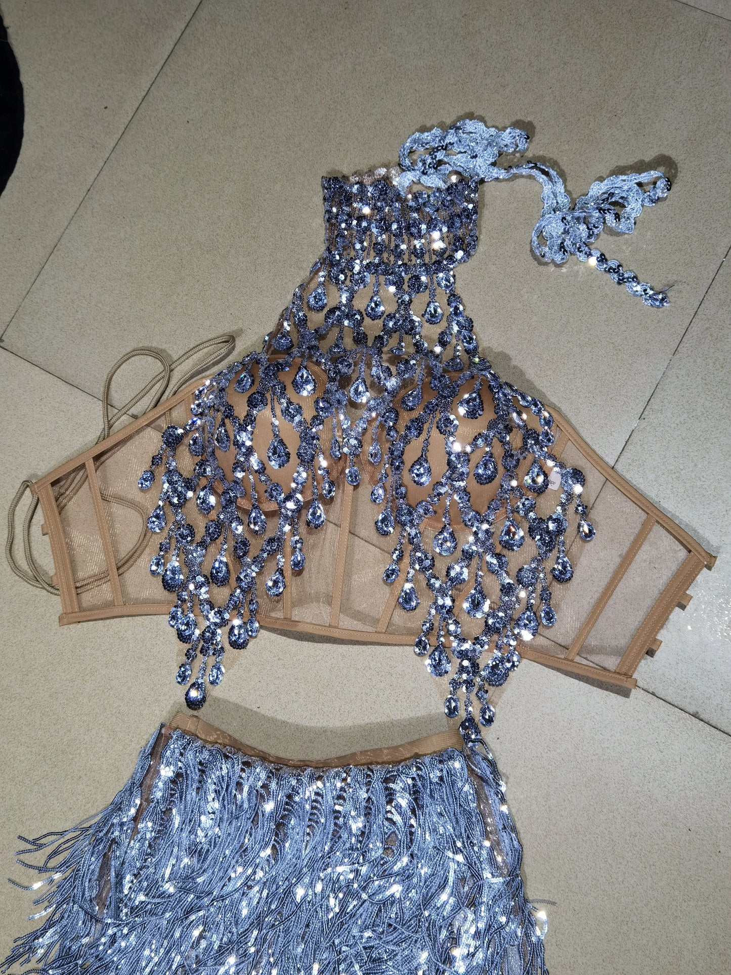 Luxurious Blue Diamond Sparkling Tassel Jazz Dance Performance Clothing Basketball Baby Performance Clothing Cheerleading Short