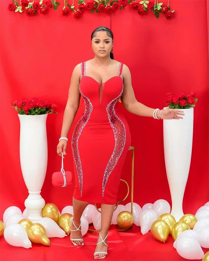 Sexy Spaghetti Strap V-neck Bandage Bodycon Dress Women Elegant Mesh Patchwork Diamonds Cocktail Party Dresses Vestidos Midi