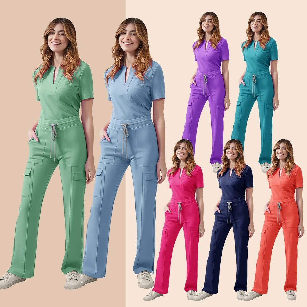 Medical Scrubs Uniform Women Nurse Scrub Set Pocket Top+Pants 2 Piece Suit Nursing Operating Room Clothes Beauty Salon Work Wear