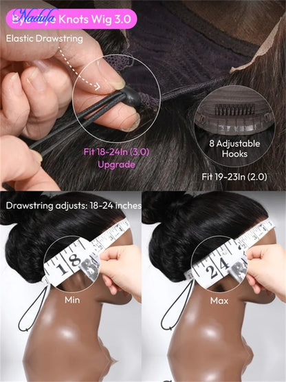 Nadula Hair 3D Body Wave Bangs Drawstring Glueless Human Hair Wig 7x5 Bye Bye Knots Glueless Wig Human Hair Ready to Wear 180%