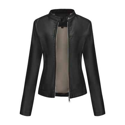 Black Women's Fitted Leather Jacket with Front Zipper & Side Pockets‌, Available in Brown, Navy Blue, and Beige.