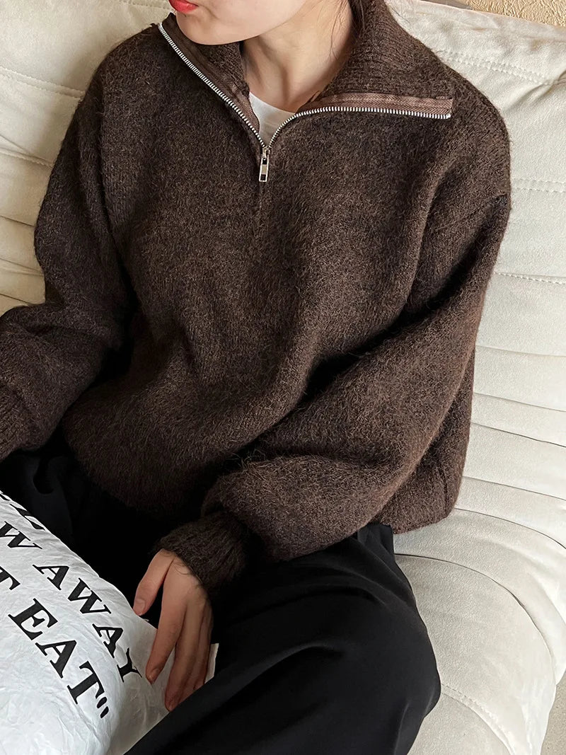 2026 Women Turn Down Collar Sweater Long Sleeve Zipper Design Warm Cardigans Clothes Tops For Women Winter Sweater Pull Femme