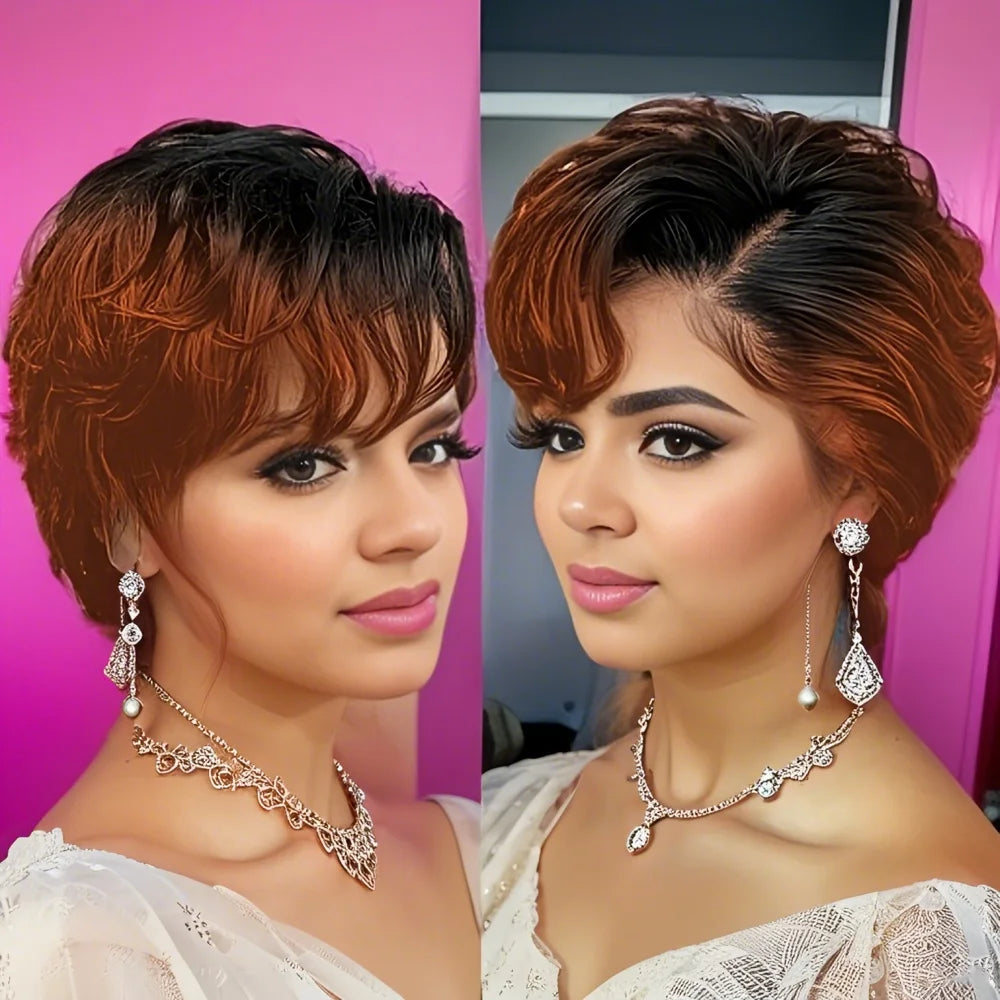 13x4 Lace Front Wig Human Hair Transparent Frontal Wig Pixie Cut Wigs Natural Wave Short Layered with Bangs Wig for Women