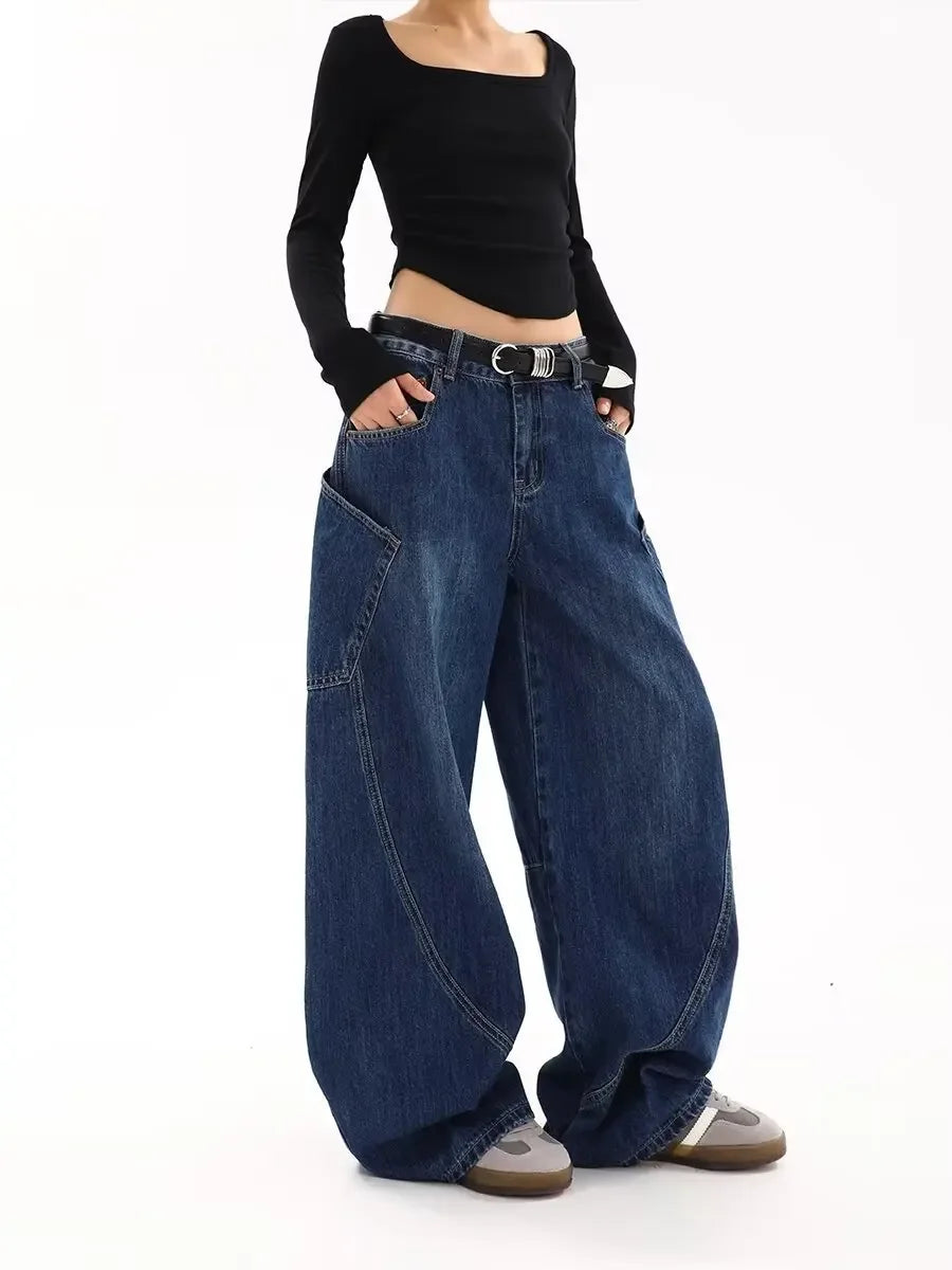 American Retro Knife Pocket Wide Leg Jeans Women's Spring Autumn Style Hot Girl High Street Design Loose Floor-Length Pants