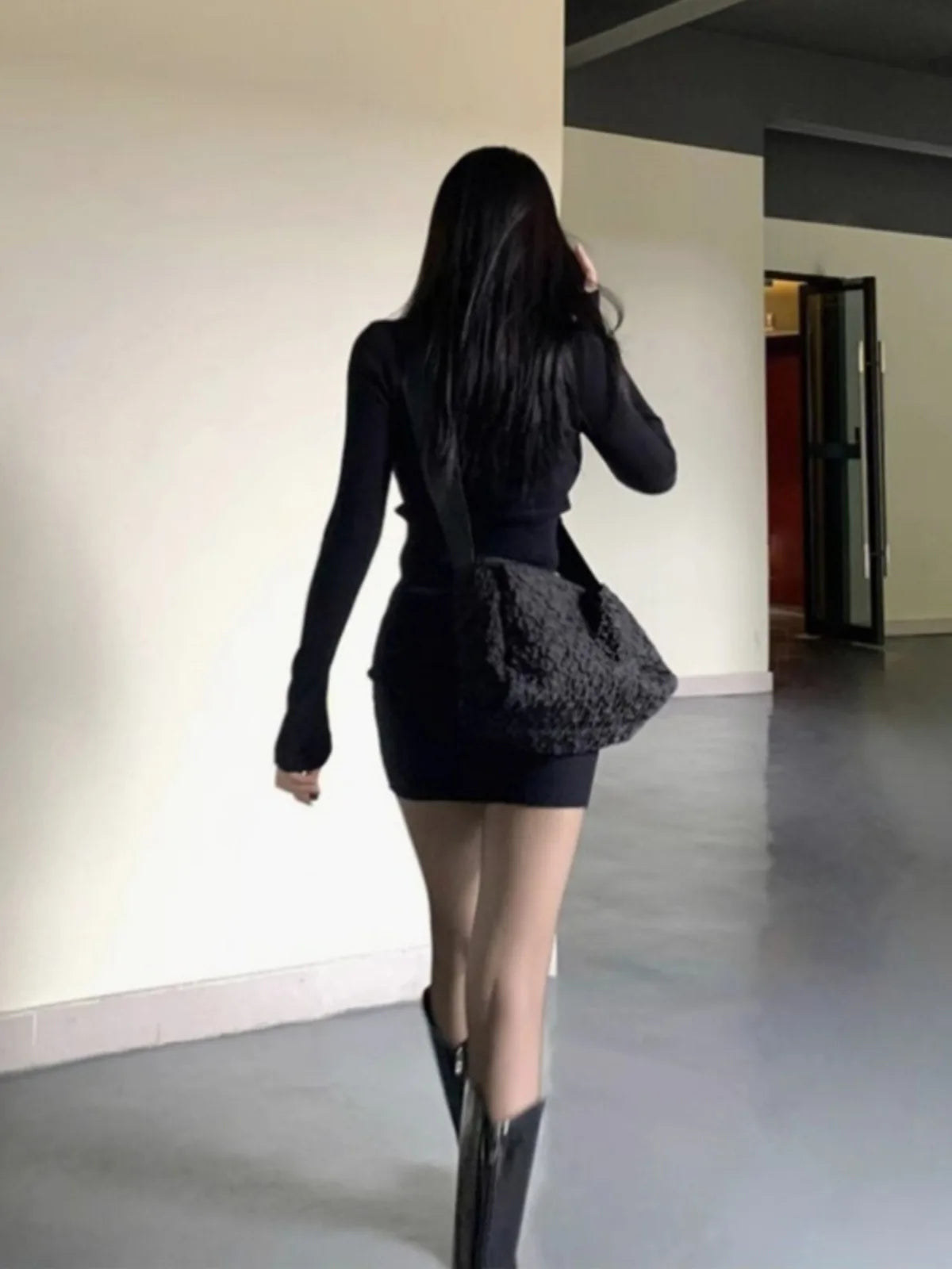 2025 Minimalist Black Ribbed Knit Dress, Half - Zip Long - Sleeve Bodycon Dress, Women's Daily Elegant Wear