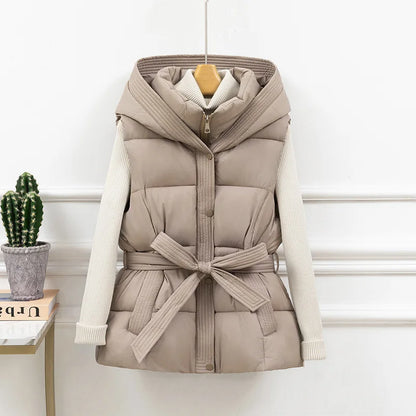 Women's Quilted Puffer Vest Thicken Warm Winter Hooded Coat Solid Color Sleeveless Padded Outwear Cropped Button Zip Up Coat