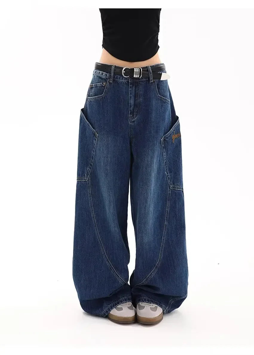 American Retro Knife Pocket Wide Leg Jeans Women's Spring Autumn Style Hot Girl High Street Design Loose Floor-Length Pants