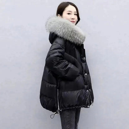 2025 Winter New Warm Down Cotton Jacket With Large Fur collar Hooded Coat Loose Women Thicken Parker Puffer Overcoat Casual wear