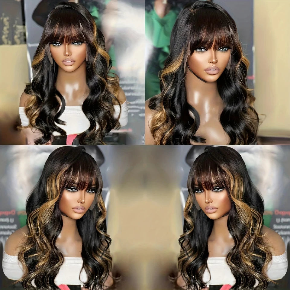 Glueless Highlighted Honey Blonde Body Wave Wig with Bangs Brazilian Human Hair Virgin Remy Machine Made Cheap Wigs On Sale 180%