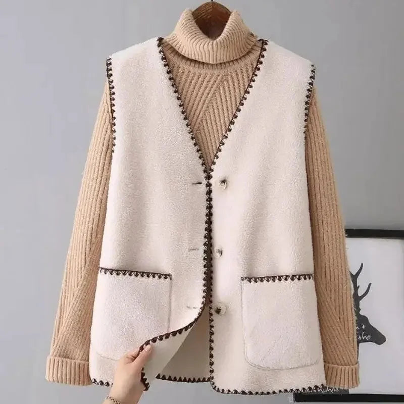 Fashionable Integrated Women's Vest Double Layer Flocking Vest Autumn/Winter Style Jacket Crew Neck Design For All Seasons
