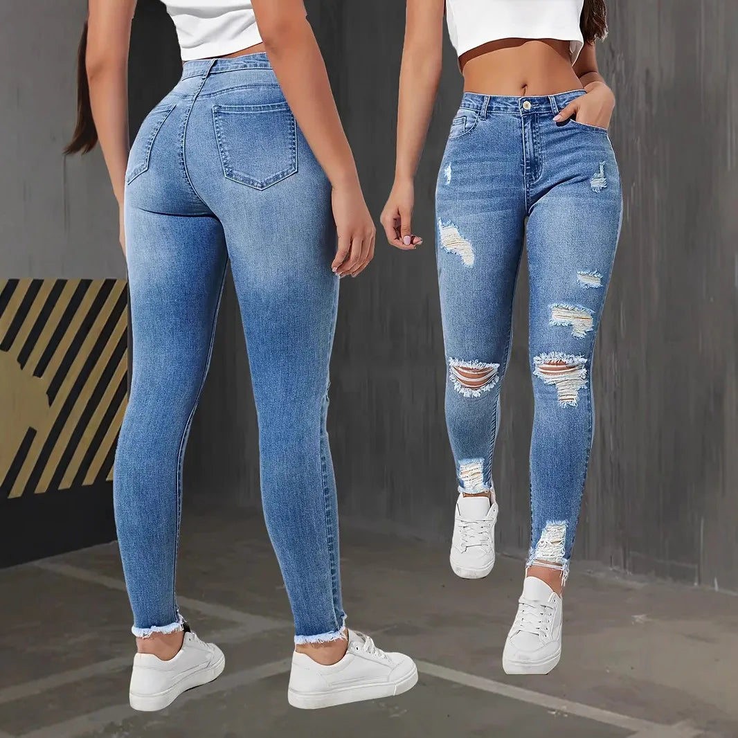 Fashion Skinny Hole Jeans Women 2026 Autumn Stretchy High Waisted Ripped Slim Retro Solid Color Denim Trousers Pants