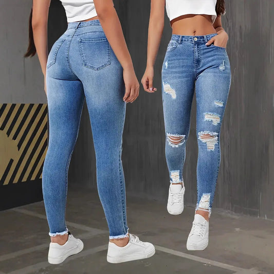 Fashion Skinny Hole Jeans Women 2026 Autumn Stretchy High Waisted Ripped Slim Retro Solid Color Denim Trousers Pants