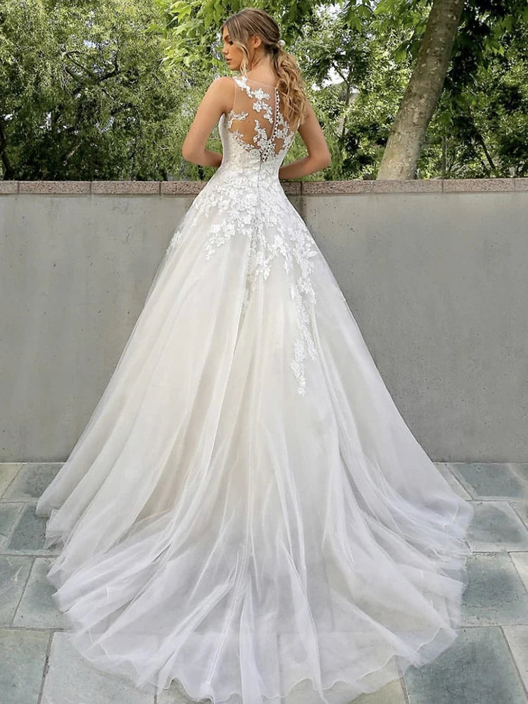 Customized Elegant Women Wedding Dresses Appliques Scoop Neck Tulle Bridal Gowns Formal Vestido De Noiva robe de mariée