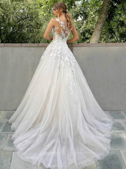 Customized Elegant Women Wedding Dresses Appliques Scoop Neck Tulle Bridal Gowns Formal Vestido De Noiva robe de mariée