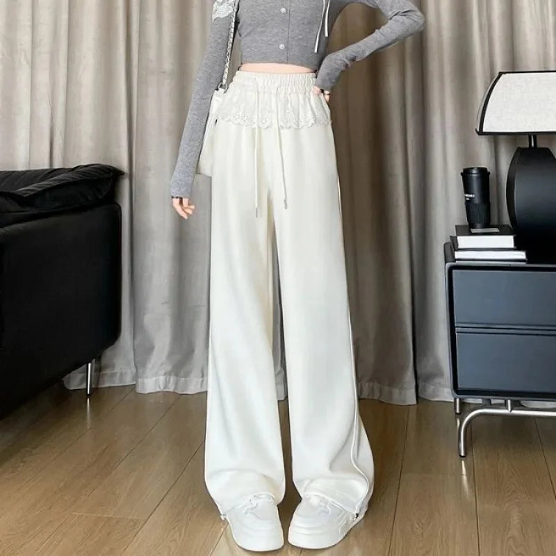 Pink Lace Splicing Design Wide Leg Pants Women's Loose Casual Sweatpants Spring New Style Slimming Effect Comfortable Fit