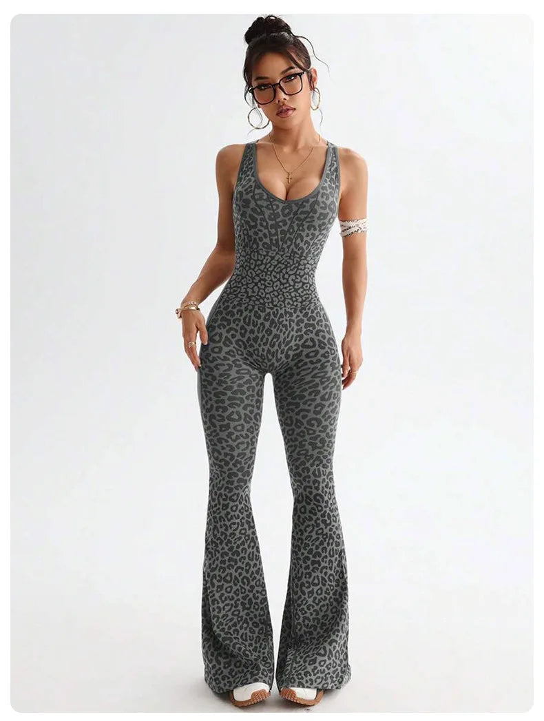 New Leopard Print Bodysuit Women Seamless Flared Pants Jumpsuits Sexy One-piece Fitness Suit Cross Back Stretchy Yoga Jumpsuits