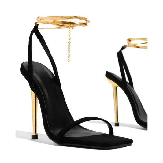 2025 Sexy Women's Gold Padlock High Heels Sandals Woman Thin Single Strap Metal Stiletto Sandals Gold Heel Shoes 36 43