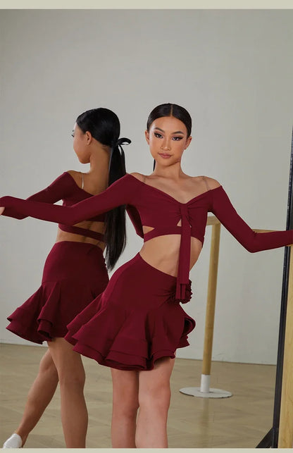 Latin Dance set Clothes Girls Long SLeeves Short Top Skirt Cha cha samba Performance Competition Dress Burgundy Black Dress Kids