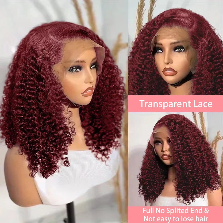 99J Colored Curly Deep Water Wave 13x4 Lace Front Wigs Preplucked Burgundy Red Short Cut Bob Frontal Wig 100% Human Hair 14 Inch